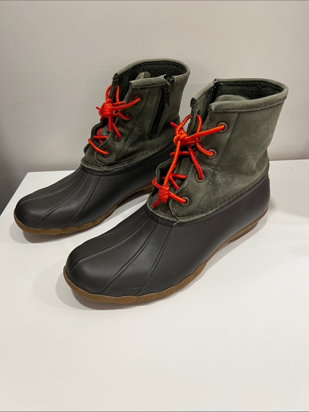 Sperry Olive Green and Black Duck Boots with Red Laces
